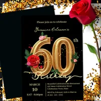 Elegant Red Pink Roses & Gold Number 60th Birthday Invitation