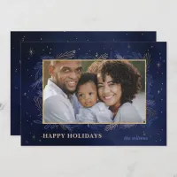 Blue Gold Botanical Sparkle Photo Holiday Card