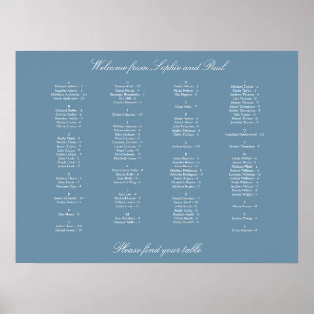 Dusty Blue Alphabetical Seating Chart Poster