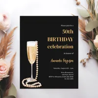 Birthday black gold bubbly wine pearls invitation