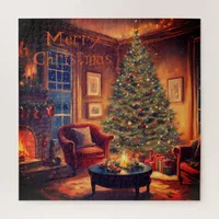 Christmas Tree And Warm Cozy Fireplace Scene Jigsaw Puzzle