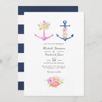 Watercolor Nautical Themed Floral QR Code Wedding  Invitation
