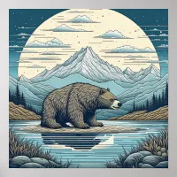 Bear, Mountains, Lake, Full Moon Ai Art Poster