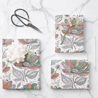 Floral Abstract Doodle Art Style Peach Green Beige Wrapping Paper Sheets