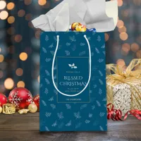 Elegant White Winter Leaves Mistletoe Blue Medium Gift Bag