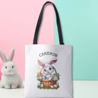 Cute Cartoon Easter Bunny in a Basket Personalized Tote Bag