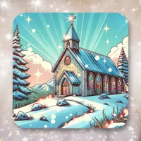 Pretty Church on a Winter Christmas Square Sticker