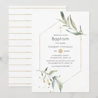 Greenery and Gold Glitter Geometric Baptism Invitation
