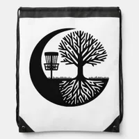 Black and white Disc Golf & Tree Roots Silhouette  Drawstring Bag