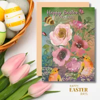 Pink Roses Yellow Birds Easter Holiday Card