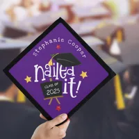 Trendy Typography Grad 2025 Nailed It Purple Graduation Cap Topper