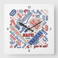Baseball Typography Red White Blue ID770 Square Wall Clock