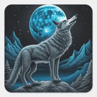 Wolf Standing in Front of the Full Moon | AI art Square Sticker