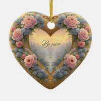 Victorian, golden heart with flowers and saying ceramic ornament