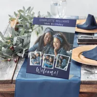 Navy blue photo collage birthday party welcome pedestal sign
