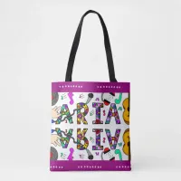 Aria, Girl's Name Whimsical Flowers Music Themed Tote Bag