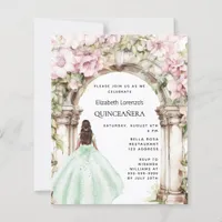 Green pink florals arch Quinceanera invitation
