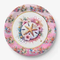 Pink, Blue and Gold Coastal Sand Dollar Beachy Paper Plates