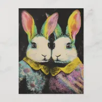 Two Adorable Colorful Rabbits in Floral Dresses Postcard