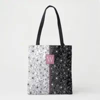 Floral Color Block Pattern Black White & Monogram Tote Bag