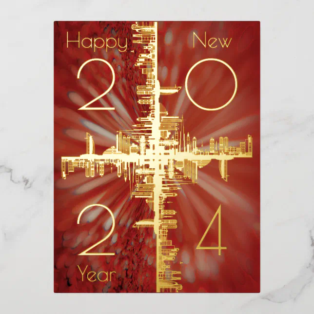 City symmetry - gold - happy new year 2024 foil holiday postcard