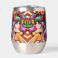 Pretty Pop Art Comic Girl with Bows Thermal Wine Tumbler