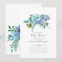 Mint and Blue Watercolor Boho Floral Baby Shower Invitation
