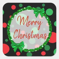 Merry Christmas Black, Red Green Polka Dots Square Sticker