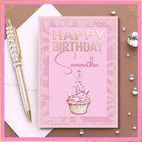 Custom Name Pretty Pink Cupcake Happy Birthday  Card