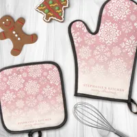 Winter Snowflakes on Pink Cute Ombre Christmas Oven Mitt & Pot Holder Set