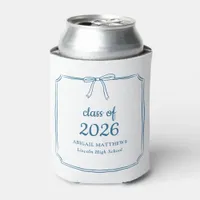 Elegant Whimsical Bow Blue Custom Graduation Favor Can Cooler