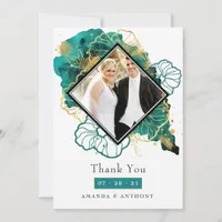Teal and Gold Abstract Floral Wedding Photo Thank You Card