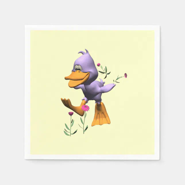 Cute Happy Cartoon Duck Running Through Flowers Paper Napkins