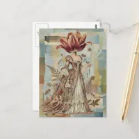 Woman With Tulip for a Head Collage Postcard