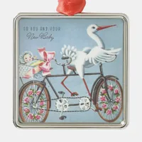 Vintage Stork on Bike To You and Your Baby Metal Ornament