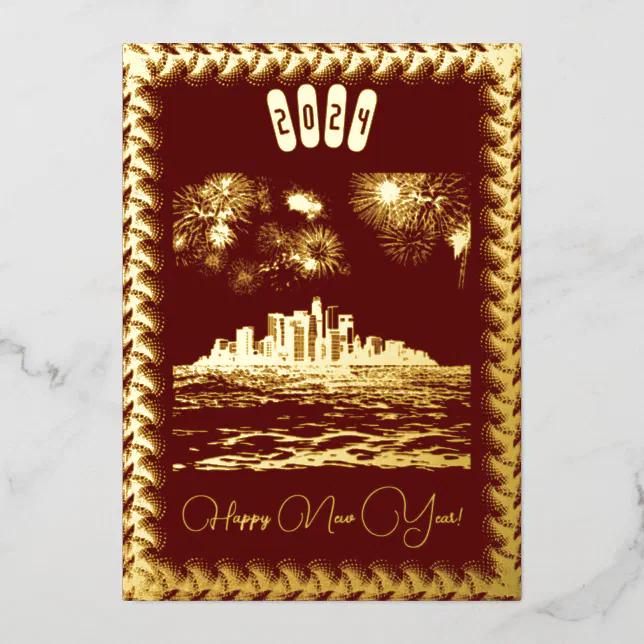 City skyline and fireworks gold - happy new year foil invitation