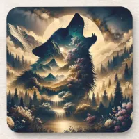 Wolf Howling at the Moon on a Cloudy Night Beverage Coaster