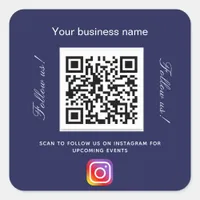 Navy blue white business name qr code instagram square sticker