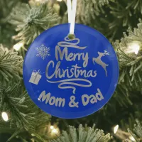 Mom and Dad Merry Christmas Silver on Blue | Glass Ornament