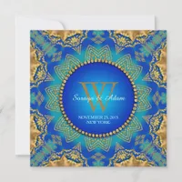 Eastern Blue Gold Satin Lace Monogram Invitation