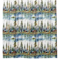 Log Cabins in the Forest Watercolor  Nature Shower Curtain