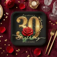 Elegant Black Gold Red Rose Floral 30th Birthday Paper Plates