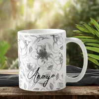 Sketched Floral Outline Pattern Gray/Wht ID939 Coffee Mug