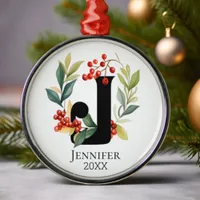 Monogram Initial Letter J Berry Wreath Christmas Metal Ornament