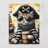 An Adorable Pirate Cat With A Coffee Encaustic Postcard