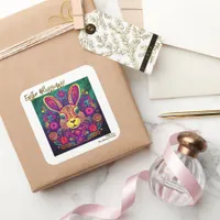 Easter Rabbit - Folk Art - Personalizable Easter Square Sticker