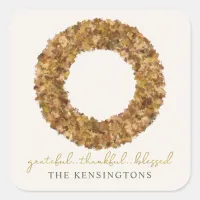 Elegant Rustic Thanksgiving Wreath Autumn Leaves Square Sticker