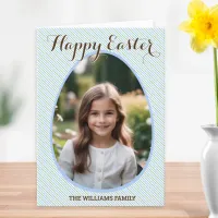 Happy Easter Photo Personalized Blue Stripe Pretty Holiday Card