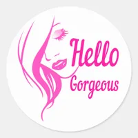 Hello Gorgeous Lovely Lady Face Drawing Typography Classic Round Sticker