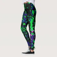 Blue Pink Green Paint Splatters on Black Leggings